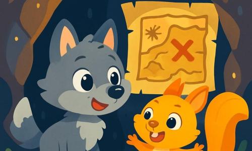 Un pequeño lobo de ojos brillantes y pelaje gris, con una expresión de curiosidad y emoción, se encuentra frente a una cueva misteriosa. Tiene orejas puntiagudas y un hocico delicado, y observa con asombro un antiguo dibujo en la pared de la cueva. Junto a él, una ardilla dorada, con un pelaje brillante y ojos chispeantes, salta alegremente, mostrando una expresión de travesura y entusiasmo, como si lo animara a entrar en la cueva. El lugar es una cueva oscura y misteriosa, con paredes de piedra rugosa y pequeñas luciérnagas brillando en el interior, creando una atmósfera mágica. La situación principal muestra al lobo y a la ardilla descubriendo un antiguo dibujo en la pared, un tesoro oculto en forma de mapa del tesoro, con una gran X marcada, invitando a la aventura.