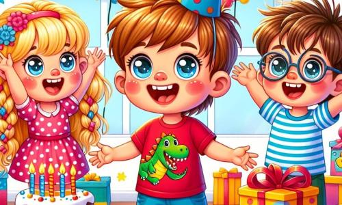 Max ist ein vierjähriger Junge mit braunen Haaren und strahlend glücklichen Augen. Er trägt ein rotes T-Shirt mit einem Dinosaurier und eine blaue Shorts. Er steht in der Mitte des Bildes, lächelt breit und ist von seinen Freunden umgeben. Anna ist ein vierjähriges Mädchen mit langen, geflochtenen blonden Haaren und einem rosa gepunkteten Kleid. Sie steht links von Max und hebt begeistert die Arme in die Luft. Leo ist ein vierjähriger Junge mit zerzausten braunen Haaren und runden Brillen. Er steht rechts von Max und hält ein großes, buntes Geschenk mit einem breiten Lächeln. Der Hintergrund ist ein helles Klassenzimmer, dekoriert mit bunten Ballons und Papiergirlanden. Auf einem Tisch im Hintergrund steht ein großer Geburtstagkuchen, geschmückt mit Kerzen und Konfetti, umgeben von kleinen bunten Geschenken. Die Szene zeigt Max, Anna und Leo, die Max' Geburtstag feiern, mit Lachen und strahlenden Lächeln, was eine fröhliche und festliche Atmosphäre schafft.