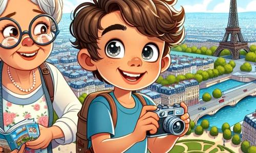 Ein 12-jähriger Junge, Max, mit zerzausten braunen Haaren und neugierigen Augen steht auf dem berühmten Eiffelturm in Paris. Er trägt ein blaues T-Shirt und Shorts, hält eine kleine Kamera in den Händen, sein Gesicht strahlt Freude und Staunen aus, während er die Panoramaansicht der Stadt bewundert. Neben ihm steht seine Großmutter, eine ältere Frau mit grauen Haaren im Dutt und runden Brillen, die stolz auf ihren Enkel schaut. Sie trägt ein leichtes Blumenkleid und hält einen Reiseführer. Im Hintergrund ist der Himmel strahlend blau, mit einigen weißen Wolken, und man sieht die Pariser Dächer, Gärten und die Seine, die sich durch die Stadt schlängelt. Die Hauptsituation zeigt Max, der von der Schönheit von Paris begeistert ist und bereit ist, diesen magischen Moment mit seiner Kamera festzuhalten, während seine Großmutter ihn mit einem liebevollen Blick ermutigt.