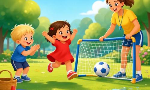 A joyful 2-year-old girl with short brown hair and rosy cheeks in a red dress and red shoes kicks a white-and-blue soft ball into a small net; nearby, 3-year-old blond boy Ben claps and leans forward to her left, and a female coach in her 30s with tied hair, fair skin, a yellow t‑shirt and blue shorts stands behind the net holding it proudly. They are on a sunny park lawn with round trees, a shiny puddle, a colorful mat, an orange hoop and a wicker basket by a red cone; bright colors, simple shapes, soft outlines, smooth gradients, centered composition on the girl and the net.