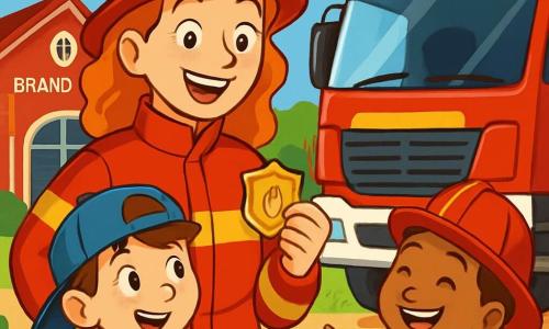 Een brandweervrouw, Mare, met stralend rood haar en een grote warme glimlach, draagt een glanzend rood uniform en een pet. Ze staat trots naast een grote glanzende brandweerwagen en toont een badge aan twee kinderen. Finn, een jongen van ongeveer 8 jaar met sprankelende ogen en een scheve pet, kijkt bewonderend naar Mare terwijl hij een klein brandweervoertuigje in zijn handen houdt. Lotte, een meisje van 6 jaar met vlechten en een stralende glimlach, draagt een mini-brandweerpet en imiteert Mare's gebaren. De scène speelt zich af voor een felrode brandweerkazerne, omringd door groen, met wapperende vlaggen en speeltoestellen voor kinderen op de achtergrond. Mare legt enthousiast haar werk als brandweervrouw uit aan de kinderen, die geboeid zijn door haar verhalen over avonturen en reddingen, wat een vrolijke en inspirerende sfeer creëert.
