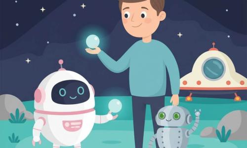 Un tânăr (Dan, ~25 ani), față rotundă, păr scurt șaten, zâmbet blând, privește uimit o stea strălucitoare în timp ce ține în mână o bila luminoasă albastră. O companionă robot (Emi, tip fată robot), siluetă compactă, vopsită alb cu accente roz pal, zâmbește cu ochi LED și îi întinde o altă bilă luminoasă, stând în stânga lui. Un mic robot prietenos din metal argintiu, cu ochi verzi rotunzi, salută cu un braț în fața lor, toți pe suprafața unei mici planete albăstruie cu sol turcoaz neted, iarbă stilizată și bolovani rotunjiți; pe fundal se vede un vas aterizat cu o fereastră rotundă. Atmosfera este caldă și liniștită, culori pastel, accent pe fețe și bilele luminoase.