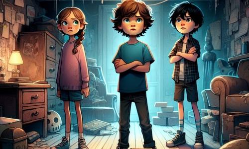 Three main characters stand in a dark, dusty room: Ethan, a 12-year-old boy with messy brown hair and bright eyes, wearing a blue t-shirt and worn jeans, holds a small box with mysterious patterns, looking determined. Mia, a 12-year-old girl with long braided blonde hair and green eyes, dressed in a pink sweater and black pants, stands slightly back with crossed arms and a worried expression. Leo, a 12-year-old boy with black hair and round glasses, in a checkered shirt and shorts, curiously examines an old map he holds, leaning forward. The setting is an old school storage room with decaying wooden walls, cobwebs in the corners, and dusty furniture. The flickering light of a bulb casts dancing shadows, adding a mysterious and unsettling atmosphere. The main situation shows Ethan opening the box, revealing a glowing blue crystal. Dark shadows begin to form around them, as if coming to life, while Mia and Leo exchange worried glances, realizing they have awakened something dangerous.