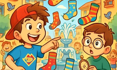 There are two main characters: Max, a 10-year-old boy with messy brown hair and a big smile, wearing a red cap backwards and a blue t-shirt with a superhero design, pointing at a group of colorful socks dancing around him. Leo, also 10, has brown hair and round glasses slipping down his nose, dressed in a green sweater and yellow shorts, stands beside Max, wide-eyed in wonder, holding an old compass that shines in the sun. The scene takes place in a lively square surrounded by colorful buildings with wooden windows and flowered balconies. In the center, a fountain spouts crystal-clear water, while socks of all colors joyfully dance around, creating a festive atmosphere. Children laugh and applaud as pigeons fly around them. The main situation shows Max and Leo in the midst of the sock parade, with dancing socks swirling around them, creating a joyful and whimsical spectacle, adorned with fun patterns like stars, stripes, and polka dots, under a bright blue sky.