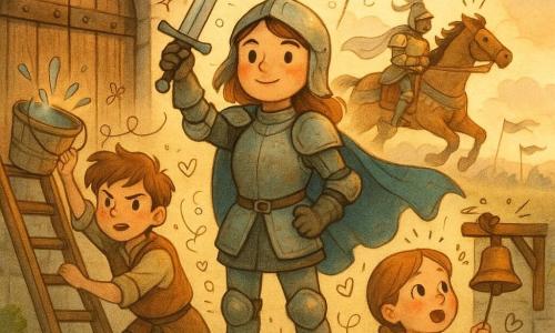 A young female knight stands center, proud and serene with a determined face and soft smile, wearing slightly worn silver armor and a flowing blue cape, holding her sword aloft to protect the village; to the left Percival, a ~14-year-old squire with brown hair, pushes a large bucket up a ladder to make the climb slippery; to the right Molly, about 8, with braided hair, rings a small wooden bell by the village gate; in the background Sir Rowan, a ~35-year-old knight on a powerful galloping horse in gleaming golden armor with a white banner, charges toward the gate; setting: massive wooden gate and grey stone walls with moss, ladders, light smoke and a blurred enemy camp with dark flags on the horizon; situation: a tense heroic moment at sunrise with warm morning light, clear silhouettes and cheerful doodles of stars and hearts around the characters.