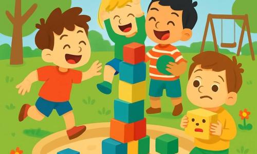 There are 4 children: Tommy, a nearly 4-year-old boy with messy brown hair and a red t-shirt, is running excitedly around the block tower. Max, also nearly 4, has blonde hair and is wearing blue shorts, joyfully jumping while holding a green block above his head. Sam, with black hair and a striped t-shirt, is smiling and singing with colorful blocks in his hands. Ben, with brown hair and a yellow sweatshirt, is making a funny face while holding a block that looks like a face. The setting is a sunny park with green trees and colorful flowers, featuring a large sandbox and swings in the background, with soft green grass underfoot. The main scene shows the four friends building a tall, unstable tower of colorful blocks, laughing together and ready to knock it down, surrounded by blocks of all colors, creating a joyful and fun atmosphere.