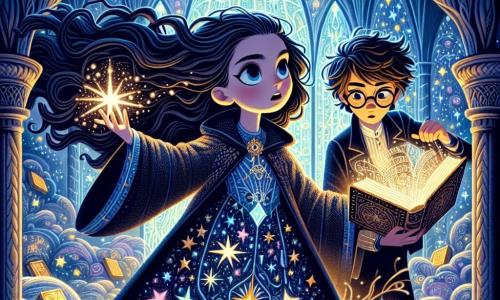 A 12-year-old girl, Mira, stands in the center of a beautiful sanctuary room, her eyes shining with curiosity and wonder. She has long, wavy, deep black hair and wears a midnight blue cloak adorned with shimmering star patterns. In her hand, she holds a glowing sphere pulsing with energy, casting a soft, warm light on her face. Beside her, a 12-year-old boy, Lio, leans over an ancient floating book, his messy brown hair and glasses slipping down his nose. He looks at Mira with admiration, wide-eyed, as he points to a page filled with mysterious symbols. The sanctuary is an enchanting place with glass and living stone walls, where waterfalls rise to the sky and luminescent flowers grow among the circuits. Runes glow on the surfaces, creating a magical and vibrant atmosphere. The main scene shows Mira and Lio united in a moment of discovery as they attempt to restore balance to a large pulsing engine at the center of the room, surrounded by glowing cracks threatening to break. The energy in the air is palpable, and the light from Mira's sphere illuminates their path toward harmony between science and magic.