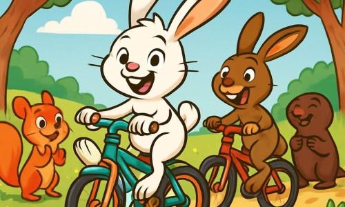 Tobia, un giovane coniglio dal pelo bianco e morbido, con grandi orecchie ritte, mostra un sorriso radioso e occhi scintillanti di eccitazione mentre pedala sulla sua bicicletta colorata, le zampe in aria, in una corsa sfrenata. Accanto a lui, Leo, una lepre agile con pelo marrone e occhi maliziosi, ride di gusto mentre gli lancia uno sguardo incoraggiante, con le zampe posteriori saldamente posate sulla sua bici. Sara, una piccola scoiattolo dai peli rossi e occhi vivaci, si tiene un po' indietro, applaudendo con entusiasmo, mentre Marta, una talpa dal pelo marrone scuro, li osserva con un sorriso orgoglioso, pronta a unirsi a loro. Lo scenario è un magnifico campo verde, punteggiato di fiori colorati e grandi alberi con foglie brillanti, sotto un cielo azzurro punteggiato di nuvole bianche e soffici. La scena rappresenta la grande corsa del Bosco Frizzante, dove gli amici si lanciano insieme, pieni di energia e gioia, pronti a vivere un'avventura indimenticabile.