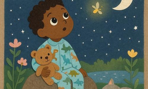 A 6-year-old boy named Ben sits on a large rock in the garden, gazing at the starry sky with wonder. He wears dinosaur-patterned pajamas and holds a teddy bear named Mr. Buttons under his arm. His eyes are wide and bright, filled with curiosity. Next to him, a cat named Pancake, with soft gray fur and golden eyes, is curled up on the ground, purring peacefully. A small firefly dances around Ben's head, illuminating his face with a gentle glow. The garden is bathed in the silvery moonlight, with pastel-colored flowers and a small pond reflecting the twinkling stars. The main scene shows Ben looking up at a bright star, as if asking it a secret question, while the night sky sparkles brilliantly.