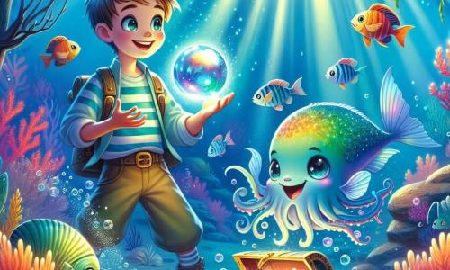 Un băiat tânăr numit Radu, un globule magic de sticlă, strălucește de mii de ori sub apă, cu culori vii și reflexii strălucitoare. Are un zâmbet curios și ochi strălucitori de entuziasm în timp ce explorează adâncurile marine. Lângă el, un pește curios pe nume Blip, cu solzi iridescenți și o mică înotătoare în formă de inimă, îl privește pe Radu cu uimire, gura deschisă într-un 