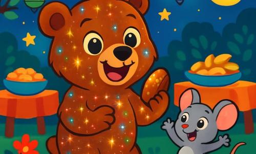 Ein kleiner brauner Bär, Balu, mit weichem und glänzendem Fell, steht im Mittelpunkt des Bildes, mit weit aufgerissenen Augen vor Überraschung und einem großen, fröhlichen Lächeln auf seinem Gesicht. Er hält eine goldene Dattel in seiner Tatze, und sein Fell funkelt unter den bunten Lichtern. Neben ihm springt eine kleine graue Maus namens Mia, mit großen neugierigen Augen und runden Ohren, vor Freude, ihre kleinen Pfoten erhoben, fasziniert vom Glanz Balus. Die Szenerie ist ein wunderschöner nächtlicher Garten, gefüllt mit funkelnden Laternen, leuchtenden Blumen und einem sternenklaren Himmel. Tische sind mit bunten und appetitlichen Gerichten gedeckt, was eine festliche und warme Atmosphäre schafft. Die Hauptszene zeigt Balu, den kleinen Bären, der die Magie des Ramadanfestes entdeckt, umgeben von seinen Freunden, bereit, einen Moment der Freude und Geselligkeit zu teilen.