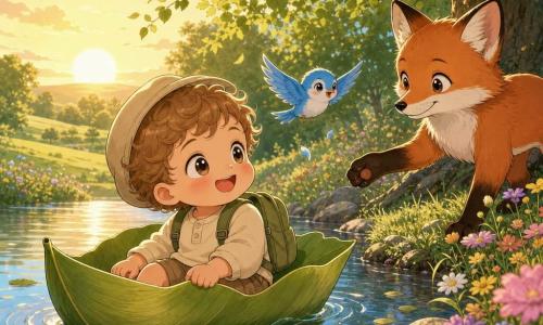 A joyful, curious 2-year-old boy with light brown curls, round cheeks and bright eyes, wearing a soft cap and tiny backpack, sits smiling in a boat made of large leaves; a vivid blue songbird flutters above the boat, and a red fox on the bank, paw raised as if to help, watches him; they float on a calm blue-green pond bordered by colorful wildflowers, with a gentle grassy hill and a large whispering tree in the background, all bathed in low golden sunlight in a tender, simple, serene adventure.