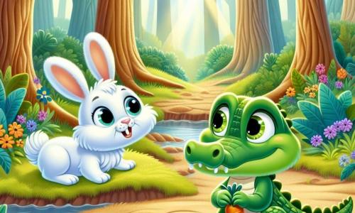 Un crocodil pe nume Coco, mic și curios, cu solzi verzi strălucitori și ochi jucăuși, stă pe marginea unui pârâu, săpând în pământ cu coada, având o expresie de determinare. Lângă el, un iepuraș alb și pufoș, pe nume Mica, cu urechi mari și ochi rotunzi, privește cu admirație, sărind de bucurie în timp ce ține o morcovă mică în labele din față. Decorul este o pădure fermecată, cu copaci majestuoși și trunchiuri groase, împodobiți cu frunze verzi strălucitoare, iar flori colorate presară solul, în timp ce un rază blândă de soare filtrează prin frunziș, iluminând scena. Coco și Mica lucrează împreună pentru a crea un canal pentru a elibera drumul blocat de un morman gros de noroi, simbolizând prietenia și cooperarea în aventura lor.
