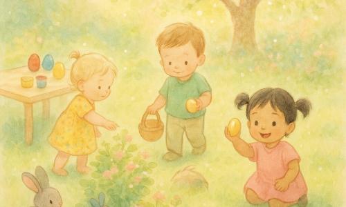 Vier Kinder in einem hellen Frühlingsgarten: Lina (ca. 2 J.) mit hellbraunem Pferdeschwanz in gelbem Blümchenkleid steht links bei einem kleinen Busch und greift nach einem bemalten Ei; Ben (fast 2 J.) mit kurzem braunem Haar und grünem T‑Shirt trägt einen Weidenkorb und geht in die Mitte zum Busch, Blick auf ein glänzendes Ei; Mira (2 J.) mit schwarzen Zöpfen im rosa Kleid hockt rechts und zeigt stolz ein goldenes Ei; Oskar (fast 2 J.) mit kurzem blondem Haar sitzt im kleinen roten Rollstuhl links bei einem Tisch, rollt zum Busch und lächelt den Hasen an. Szene: Ostereiersuche auf grünem Rasen mit blühenden Büschen, großem blühenden Baum im Hintergrund und links einem hellen Holztisch mit roten, blauen und gelben bemalten Eiern und Farbtöpfchen; ein grauer Hase mit blauem Band an der Ohrspitze schiebt ein Schokoladenei aus dem Busch. Zarte, pastellige Aquarellstimmung mit goldenen Lichtreflexen und weißen Gelstiftakzenten auf den Eiern.
