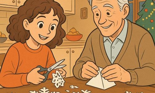 Ein 12-jähriges Mädchen, Emma, mit lockigem braunem Haar und strahlenden Augen, sitzt konzentriert und fasziniert an einem Küchentisch und schneidet vorsichtig Schneeflocken aus Papier aus. Neben ihr hilft ein etwa 70-jähriger Mann, Herr Klaus, mit grauem Haar und einem warmen Lächeln, indem er das Papier sorgfältig faltet. Sie sind von auf dem Tisch verstreuten Papierschneeflocken umgeben. Die Küche ist warm und einladend, mit sanfter Beleuchtung und traditioneller Weihnachtsdekoration. Die Hauptsituation zeigt Emma und Herrn Klaus, wie sie gemeinsam Papierschneeflocken basteln und den Raum mit einer festlichen und kreativen Atmosphäre füllen.