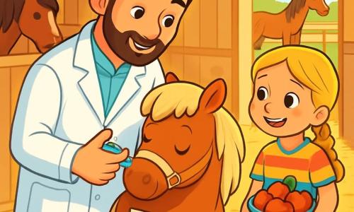 Ein etwa dreißigjähriger männlicher Tierarzt mit braunen Haaren und einem gepflegten Bart trägt einen weißen Kittel. Er hat einen sanften, beruhigenden Blick und zeigt Konzentration und Fürsorglichkeit, während er einem kleinen Pony namens Lütte eine Spritze verabreicht. Neben ihm beobachtet ein etwa 10-jähriges Mädchen mit geflochtenen blonden Haaren aufmerksam, die Augen leuchtend vor Bewunderung. Sie trägt ein buntes T-Shirt und Jeans und hält einen Eimer Äpfel bereit, um sie dem Pony nach der Impfung zu geben. Die Szene spielt in einem hellen Stall mit hellen Holzwänden und Sonnenstrahlen, die durch die Fenster fallen und das goldene Stroh auf dem Boden beleuchten. Friedliche Pferde grasen in den benachbarten Boxen, und eine kleine schwarze Katze schlüpft zwischen den Beinen der Figuren hindurch. Die Hauptsituation zeigt den Tierarzt, der sanft mit dem Pony spricht, während das Mädchen lächelt, gespannt darauf, das Pony nach der Spritze mit einem kleinen Leckerli zu belohnen. Die Atmosphäre ist ruhig und warm, erfüllt von der Liebe und Fürsorge, die die Tiere erhalten.