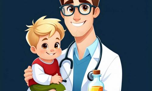 Een mannelijke arts, genaamd dokter Tom, staat in het midden van de afbeelding, met een warme glimlach, bruin haar en ronde bril. Hij draagt een onberispelijke witte jas en een stethoscoop om zijn nek, terwijl hij in één hand een fles gekleurde siroop vasthoudt, klaar om een jonge patiënt te helpen. Naast hem kijkt een 8-jarig jongetje genaamd Max, met rommelig blond haar en een rode t-shirt, de dokter hoopvol aan, terwijl hij zijn keel vasthoudt met een pijnlijke uitdrukking. Iets verderop heeft een vrouw van dertig jaar, de moeder van Max, een bezorgde uitdrukking op haar gezicht, met gekruiste armen, terwijl ze de scène aandachtig observeert. De scène speelt zich af in een lichte en uitnodigende praktijk, met pastelblauwe muren, kleurrijke posters over de gezondheid van kinderen en speelgoed verspreid over een tafel. Een groot raam laat zonlicht binnen, wat een warme en geruststellende sfeer creëert. Dokter Tom probeert Max gerust te stellen door hem uit te leggen dat de siroop hem zal helpen zijn keel te genezen, terwijl Max's moeder aandachtig luistert, opgelucht dat haar zoon in goede handen is.