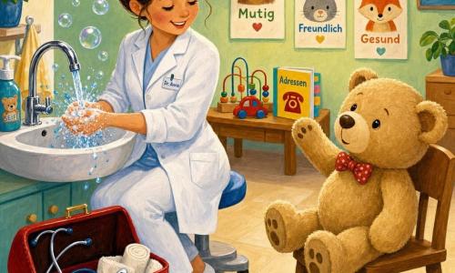 A gentle smiling female doctor with brown hair in a bun, wearing a clean white coat and quiet shoes, softly sings while washing her soapy hands under a shiny faucet with colorful splashes and translucent bubbles catching the light; her open red leather doctor’s bag rests on the floor nearby with a shiny stethoscope, silver thermometer and rolled bandages visible; a large beige teddy bear sits on a wooden chair to the right with its head tilted and paw raised inquisitively; the small warm clinic has pastel green walls, smiling animal posters, a round lamp casting soft light and a light tiled floor, creating a comforting, protective atmosphere.
