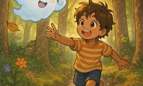 Un pequeño fantasma llamado Fantasín, flotante, traslúcido y risueño, juega a las escondidas con Tomás, un niño de unos 8 años de pelo castaño alborotado, camisa de rayas y pantalón corto, descalzo sobre un lecho de hojas junto a un pequeño arroyo, en un bosque mágico al crepúsculo con troncos gruesos, hojas verdes y doradas que giran, flores coloridas y reflejos rosados-anaranjados en el agua, todo bañado por rayos de sol bajos y partículas luminosas que crean una atmósfera cálida y encantadora.