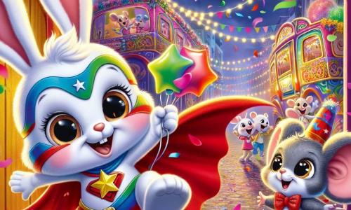 Un piccolo coniglio bianco di nome Bibo, con grandi occhi brillanti e un sorriso gioioso, indossa un costume da supereroe con un mantello rosso che fluttua dietro di lui. Sta saltando con entusiasmo davanti a una piccola porticina misteriosa, circondata da coriandoli colorati. Accanto a lui, un topo grigio con grandi orecchie e un cappello di carnevale sorride, tenendo un palloncino a forma di stella. Sembra curioso ed eccitato, guardando la porticina con occhi scintillanti. Sullo sfondo, una strada animata del carnevale è piena di colori vivaci: carri decorati con fiori, bambini che ridono e ballano, e ghirlande di luci scintillanti appese agli alberi. Bibo, incuriosito dalla piccola porta, si prepara ad aprirla, mentre coriandoli cadono dolcemente intorno a lui, creando un'atmosfera festosa e magica.