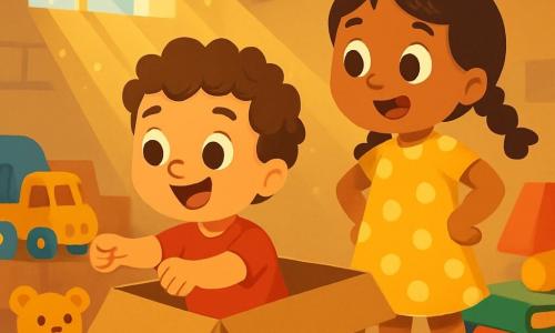 Un bambino di 2 anni, con capelli ricci e occhi pieni di curiosità, è seduto in una grande scatola di cartone, sorridendo con entusiasmo. Indossa una maglietta rossa e pantaloni blu, e finge di guidare la sua macchina-avventura. Accanto a lui, una bambina di 3 anni, con trecce e un vestito a pois, lo guarda con meraviglia, le mani sui fianchi, pronta ad accompagnarlo nell'avventura. La scena si svolge in un seminterrato luminoso, pieno di vecchi giocattoli colorati, libri dalle copertine brillanti e lampade che scintillano come stelle. Raggi di luce filtrano attraverso una piccola finestra, illuminando la polvere nell'aria. I due bambini si immaginano esploratori intrepidi, pronti a scoprire tesori nascosti nel loro mondo fantastico, ridendo e divertendosi insieme nella loro scatola magica.