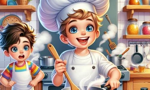 Un giovane ragazzo di nome Luca, di circa 10 anni, indossa un grande cappello da chef bianco che fluttua sopra la sua testa come una nuvola. Il suo viso è illuminato da un sorriso gioioso, i suoi occhi brillano di eccitazione e tiene un mestolo di legno in una mano, pronto a cucinare. Accanto a lui, un altro ragazzo, Matteo, anch'egli di 10 anni, con i capelli castani disordinati e una maglietta colorata, osserva attentamente Luca, con le mani sui fianchi, impaziente di aiutarlo. La scena si svolge in una cucina spaziosa e luminosa, con pareti bianche e scaffali pieni di barattoli di spezie colorate. Pentole di metallo brillano sul fuoco e un grande tavolo di legno è coperto di ingredienti freschi: carote arancioni, pasta dorata e formaggio fuso. Luca e Matteo stanno preparando un piatto speciale insieme, mescolando gli ingredienti con entusiasmo, mentre bolle di vapore fuoriescono dalle pentole, creando un'atmosfera calda e vivace.