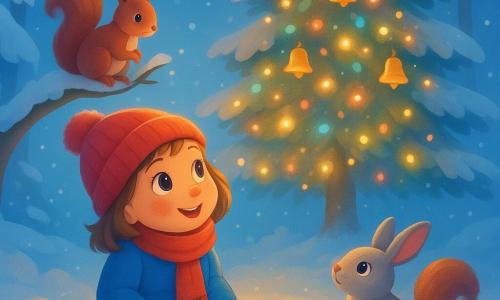 Ein 6-jähriges Mädchen, Leni, mit roten Wangen und funkelnden Augen, sitzt staunend im Schnee. Sie trägt eine dicke blaue Winterjacke, einen roten Schal und eine passende Mütze. Neben ihr steht ein kleines graues Kaninchen neugierig und freundlich mit erhobener Nase. Ein rotes Eichhörnchen mit buschigem Schwanz sitzt auf einem niedrigen Ast und beobachtet die Szene interessiert. Die Szene spielt sich auf einer schneebedeckten Lichtung ab, umgeben von großen, mit glitzerndem Schnee bedeckten Bäumen. In der Mitte steht ein großer Baum, geschmückt mit kleinen bunten Lichtern und goldenen Glöckchen, die sanft im Wind klingen. Das warme, goldene Licht des Baumes spiegelt sich im Schnee und schafft eine magische, märchenhafte Atmosphäre.