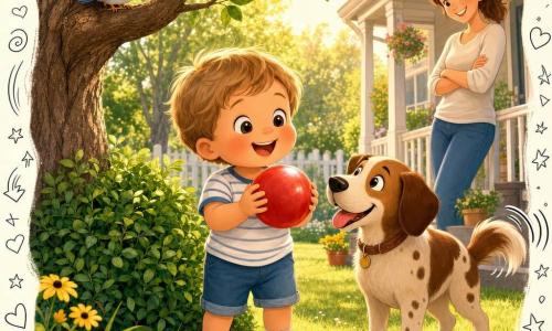 Bambino di 2 anni dal viso rotondo e paffuto, capelli castano chiaro a ciocche e sorriso meravigliato, tiene una palla rossa brillante; accanto un cane marrone maculato di taglia media scodinzola, su un ramo basso un piccolo uccello blu osserva la scena, sullo sfondo la madre di circa 30 anni con coda di cavallo sorride vicino al portico; giardino soleggiato con prato verde, fiori gialli, un cespuglio da cui è stata ritrovata la palla e un albero dal tronco rugoso; atmosfera calda, colori vivaci, contorni morbidi e luce dolce del tardo pomeriggio.