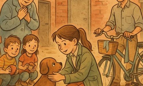 O tânără detectivă (~13 ani), cu păr șaten prins în coadă, zâmbind concentrat și ținând o lupă, se ghemuiește în fața unui cățel brun cu ochi rotunzi pentru a-l calma; doamna Ilinca (≈60 ani), în stânga, mâinile la piept, cu ochii înlăcrimați și palton bleu, privește ușurată spre câine; Andrei (≈28 ani), în dreapta, jenat, cămașă gri suflecată, ține o bicicletă mică cu o eșarfă albastră legată de coș și se uită la detectivă; doi copii (~8 ani) ghemuiți lângă o bancă țin o minge și o jucărie ruptă, zâmbind timid; locul: curtea din spate a unui bloc modest cu uși metalice de magazie, ziduri de cărămidă roșie pătată, o bancă veche de lemn și bălți care reflectă cerul, lumină blândă de seară; situația: detectiva tocmai a găsit câinele ascuns într-o magazie mică deschisă, toți s-au adunat în jur, se văd semne de ușurare și pete de noroi; stil: tuș colorat, linii fine, paletă caldă ușor desaturată, texturi vizibile pe cărămizi și țesături.