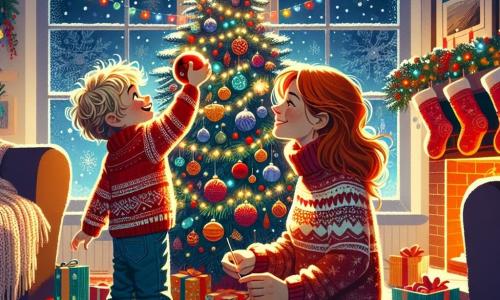 Ein einjähriger Junge namens Max mit zerzausten blonden Haaren und strahlenden Augen steht vor einem großen Weihnachtsbaum, der mit bunten Lichtern und glitzernden Kugeln geschmückt ist. Er lächelt staunend und hält eine rote Weihnachtskugel in seinen kleinen, dicken Händen. Neben ihm sitzt seine Mutter, eine Frau in ihren Dreißigern mit langen braunen Haaren und einem roten Wollpullover, die ihn liebevoll beobachtet. Der Raum ist warm und einladend, mit funkelnden Lichtern, über dem Kamin hängenden Strümpfen und einem süßen Duft von Weihnachtsplätzchen in der Luft. Der Boden ist mit einem weichen Teppich bedeckt und draußen fallen sanft Schneeflocken. Die Hauptsituation zeigt Max, der von der Magie von Weihnachten fasziniert ist und die glänzende Weihnachtskugel entdeckt, die ihn in eine Welt voller Abenteuer einzuladen scheint.