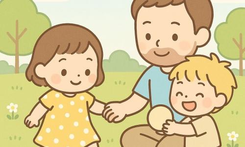 A happy smiling 2-year-old girl with short brown hair and rosy cheeks in a yellow polka-dot dress taps a soft round ball with her foot while her father (30–40) in a light blue t‑shirt sits on the grass holding her hand and encouraging her, and a laughing 3–4-year-old blond boy in green pants offers another ball; morning park with bright green grass, small white flowers, pale blue sky, soft sunlight, rounded trees, warm joyful pastel atmosphere.