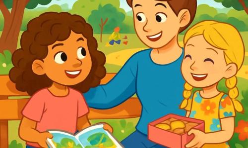 There are 3 characters: Mia, an 8-year-old girl with curly brown hair, wearing a pink t-shirt and denim shorts, sitting on a bench in the park holding an illustrated book; Ellie, an 8-year-old girl with braided blonde hair, dressed in a colorful floral dress, standing next to Mia with a smile and holding a box of cookies; and Mum, a woman in her thirties with brown hair in a bun, wearing a blue sweater and jeans, sitting on the bench with her arms around Mia, displaying a warm smile. The main setting is a lush green park filled with majestic trees with bright green leaves, colorful flowers lining the path, and a small pond sparkling in the sun where ducks swim peacefully. In the background, families play on the grass, and children laugh while running. The main situation shows Mia, Ellie, and Mum sharing a tender moment together, joyfully chatting during a picnic, with Mia and Ellie exchanging knowing smiles while Mum looks at them lovingly, creating a warm and comforting atmosphere.