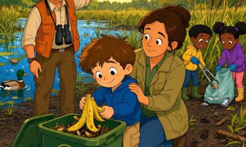 Um menino de 6 anos, rosto redondo com sardas, cabelo castanho desgrenhado e sorriso tímido e orgulhoso, coloca cuidadosamente uma casca de banana amarela numa caixa de compostagem verde com símbolo de folha; uma professora adulta de cerca de 30 anos, cabelo preso em coque e jaqueta cáqui, ajoelha-se atrás dele com a mão no ombro para o encorajar; um guia de cerca de 40 anos, calças de caminhada castanhas e colete laranja, está à esquerda apontando para o pântano e com binóculos ao pescoço; dois colegas de cerca de 6 anos recolhem papéis com pinças e um saquinho à direita; cenário na margem de uma zona húmida com água rasa a brilhar, juncos, nenúfares, berma lamacenta com pegadas e um pato de plumagem verde e castanha junto à costa; momento caloroso em que o menino corrige um erro e participa na compostagem, atmosfera de solidariedade e respeito pela natureza, cores quentes, linhas suaves e luz de fim de tarde.