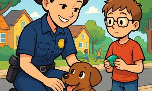 Uma policial sorridente, na casa dos trinta anos, com um uniforme azul vibrante e um distintivo brilhante no peito, está agachada perto de um pequeno cachorro marrom com olhos brilhantes, parecendo amigável e reconfortante. Ela tem cabelos castanhos presos em um coque e usa um cinto com ferramentas de segurança. Ao lado dela, um menino de 8 anos, usando óculos e uma camiseta vermelha, observa a cena com curiosidade, segurando um brinquedo nas mãos. Ao fundo, uma rua movimentada do bairro, com casas coloridas, árvores verdes e crianças brincando em um parque. A policial ajuda o menino a acalmar o cachorro que escapou, criando uma atmosfera de confiança e camaradagem.
