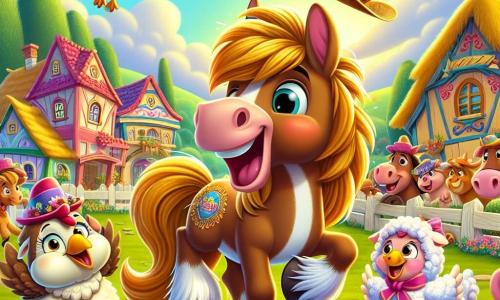Um cavalo chamado Tico, com uma crina dourada brilhante e pelagem marrom, está no centro da imagem, exibindo um grande sorriso alegre enquanto dança com entusiasmo. Ao seu lado, uma galinha chamada Lila, com penas brancas e um pequeno chapéu colorido, pula de alegria, segurando uma placa com uma piada. Um pequeno porquinho rosa chamado Pipo, com um olhar curioso, observa a cena enquanto coça a cabeça, enquanto uma doce ovelha chamada Mimi, com lã fofinha, ri acenando seu próprio chapéu decorado com flores. O cenário é uma charmosa vila de Animália, com casas coloridas de telhados inclinados, árvores floridas e uma grande pradaria verde onde os animais se reúnem para a competição de chapéus. Ao fundo, pássaros cantam nos galhos, adicionando uma atmosfera alegre à cena. A situação principal mostra Tico e seus amigos desfilando alegremente, dançando e rindo juntos enquanto usam chapéus feitos em casa, criando uma atmosfera de festa e camaradagem.