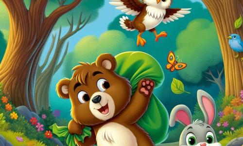 Um jovem urso pardo, chamado Urso Verde, com um pelo suave e brilhante, exibe uma expressão determinada e alegre. Ele está recolhendo lixo colorido em uma floresta verdejante, cercado por árvores majestosas com folhas vibrantes. Ao seu lado, um coelhinho travesso com grandes orelhas, Coelho Ágil, salta entusiasmado, segurando um saco de lixo, seu rosto radiante de excitação. Um pouco mais adiante, uma sábia coruja com penas marrons e brancas, Coruja Sábia, observa a cena com um olhar benevolente, empoleirada em um galho, pronta para dar conselhos. O chão está salpicado de flores coloridas e folhas, e o céu é de um azul brilhante, iluminado por um suave sol. A cena principal mostra Urso Verde e seus amigos em ação, unindo forças para limpar a floresta e torná-la bonita e limpa.