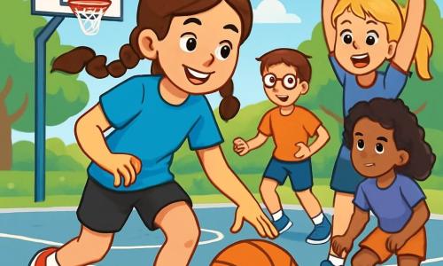 Een 12-jarig meisje, Jade, met bruine vlechten, glimlachend en vol energie, dribbelt een basketbal op een zonnig veld. Ze draagt een felblauw t-shirt en een zwarte short, haar ogen stralen vastberadenheid uit. Naast haar moedigt haar beste vriendin Sara, ook 12 jaar, met een grote glimlach en opgestoken armen aan. Op de achtergrond rent Tim, een 12-jarig jongetje met een bril en kastanjebruin haar, naar Jade, klaar om een pass te ontvangen, terwijl Fatima, een 12-jarig meisje met krullend haar, geconcentreerd in de verdediging staat. Het basketbalveld is omringd door groene bomen en het gekrijs van spelende kinderen, met een helderblauwe lucht en enkele witte wolken. De scène toont het spannende moment van een vriendschappelijke competitie, waarin Jade zich voorbereidt om een beslissend doelpunt te scoren, wat de teamgeest en vreugde van de sport illustreert.
