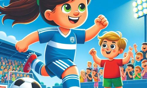 Sanne, een 10-jarig meisje en voetbalspeelster, staat centraal in de afbeelding. Ze heeft bruin haar in een paardenstaart, een stralende glimlach en draagt een blauwe voetbalshirt met witte strepen. Ze dribbelt behendig de bal, met glinsterende ogen vol vastberadenheid en vreugde. Naast haar staat Tim, een 9-jarig jongetje, die haar bewonderend aankijkt. Hij heeft rommelig blond haar en draagt een rode t-shirt. Tim maakt een aanmoedigend gebaar door een vuist in de lucht te steken, terwijl hij aan de zijkant van het veld staat. De scène speelt zich af op een groen voetbalveld, verlicht door zonlicht. De lucht is blauw met enkele witte wolken en het publiek is op de achtergrond zichtbaar, met kinderen en ouders die applaudisseren. De hoofdactie toont Sanne die enthousiast de bal dribbelt, klaar om te scoren, terwijl Tim haar aanmoedigt met een grote glimlach, wat de teamgeest en vriendschap in het voetbal illustreert.