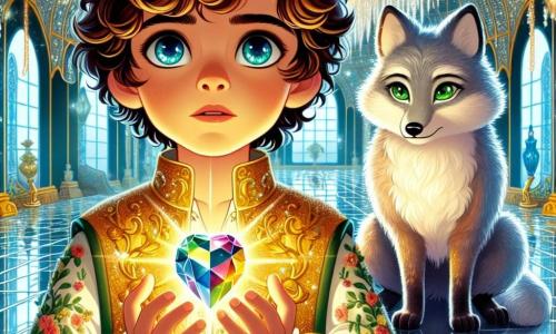In the center of the image, Prince Elian, a young boy of about 12, stands with a look of determination and wonder on his face. He has wavy chestnut hair, deep blue eyes, and wears a golden tunic adorned with floral patterns, along with green velvet pants. He holds the shimmering Heartstone, a gem with multicolored reflections that illuminates his face. Next to him is Silvian, the silver fox, an important secondary character. With his shiny fur and emerald eyes, he stands on his hind legs, looking at Elian with a wise and encouraging expression, slightly back as a protective guide. The setting takes place in the Chamber of Echoes, a magical room within the Castle of Echoes. The walls are covered with sparkling mirrors reflecting shimmering lights, creating a fairy-tale atmosphere. A large crystal chandelier hangs from the ceiling, casting glimmers of light on the marble floor. The main scene shows Elian, the prince, ready to face his destiny, firmly holding the Heartstone, while Silvian encourages him to continue his quest to save the kingdom of Luminalia. The atmosphere is filled with magic and adventure, with bursts of light and dancing shadows adding to the intensity of the moment.