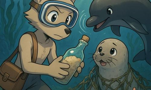 Milo, a sandy-gray anthropomorphic wolf with a striped diving mask and small leather satchel, holds a sand-covered glass bottle; a dark shiny dolphin with a sly smile emits visible glowing sound-wave circles and circles to his right as a guiding presence; Pip, a young seal with glossy fur and trembling whiskers, looks relieved and admiring behind Milo, held by an old frayed net Milo is loosening—the net, with dark green algae and shells, hangs on fragile pink-orange coral—set in Bottle Cove with deep blue-green water, stone arches with blue mussels, emerald kelp forests, pale sand patches and red and yellow anemones, golden diagonal rays casting shimmering halos; Milo and friends gently free the bottle from the net near the coral, calm precise gestures, cooperative tension, dynamic mid-diving composition.