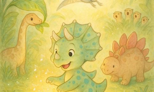 Mały radosny triceratops z błyszczącymi oczami i szerokim uśmiechem, trzy krótkie rogi i frędzlowaty kołnierz, skórą jabłkowozieloną z błękitnymi plamkami, tańczy na małych łapkach, trzymając przy piersi świecący kamyk-świeczkę, który iskrzy i dzwoni jak dzwoneczki; z tyłu po lewej ciekawski brachiozaur z długą szyją i kremowymi plamami skubie dużą błyszczącą liść, po prawej tęgi stegozaur z różowymi płytami rytmicznie tupie, nad grupą nisko przelatuje smukły pterodaktyl z rozpostartymi skrzydłami i srebrnym puchem, chór małych dinozaurków ukryty w kępie trawy śpiewa, wszystko dzieje się w mszystej polanie w lesie olbrzymich liści z puchatą trawą i rosą błyszczącą jak gwiazdy, złote promienie słoneczne przebijają się między drzewami; scena pokazuje radosny taniec w kole wokół muzycznego kamyka emitującego ciepłe światło, okrągłe ruchy i miękka przyjazna atmosfera.