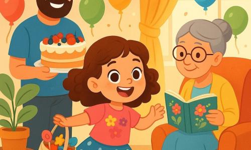 O fetiță de 6 ani, Ana, cu ochi mari și strălucitori și păr castaniu creț, zâmbește vesel ținând o geantă frumoasă din material plină cu surprize colorate. Poartă un tricou roz cu motive florale și o fustă cu buline, dansând entuziast în mijlocul camerei. Lângă ea, bunica, o femeie în vârstă cu părul gri prins și ochelari rotunzi, zâmbește cu tandrețe ținând un abecedar decorat cu flori, pregătită să-i citească o poveste. Tatăl Anei, un bărbat de aproximativ 30 de ani cu barbă scurtă și un tricou albastru, stă în spatele mesei, zâmbind și ținând un tort mare de aniversare decorat cu fructe colorate. Scena se desfășoară într-un living călduros, împodobit cu baloane colorate și ghirlande strălucitoare, cu un covor moale pe podea și raze de soare filtrându-se prin perdele. Ana, plină de bucurie, descoperă surprizele zilei ei de naștere, înconjurată de familia ei iubitoare, într-o atmosferă festivă și luminoasă, unde dragostea și magia petrecerii plutesc în aer.