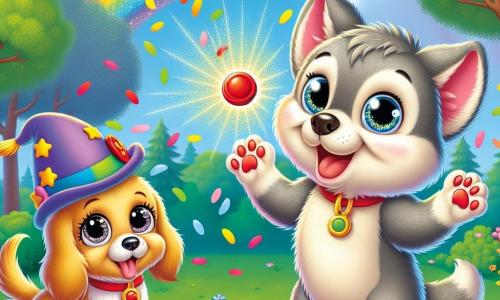 Wally, a small wolf with gray fur and sparkling eyes, is jumping for joy with a big smile on his face. He wears a colorful little hat and holds a large red button in his paws. Next to him, an adorable golden puppy with big floppy ears watches Wally with excited eyes, ready to play. The puppy wags its tail and stands on its hind legs, as if wanting to jump too. The scene takes place in a sunny clearing surrounded by vibrant green trees and colorful flowers dancing in the wind. A shimmering rainbow arches across the blue sky, adding a magical touch to the setting. Wally has just pressed the red button on his funny machine, and a shower of colorful confetti falls around them, creating a festive and joyful atmosphere. The two friends laugh and have fun, surrounded by bright colors and happiness.