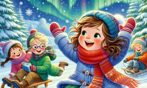 Lily, an 8-year-old girl with curly brown hair and a big smile, wears a bright red scarf and a blue coat. She is at the center of the image, raising her arms in wonder while looking at the sky. To her right, Max, a 9-year-old boy with blond hair and rosy cheeks, is sliding down a sled, laughing joyfully. On the left, Emma, an 8-year-old girl with brown hair and glasses, is about to throw a snowball, her face lit up with excitement. The setting is Frosty Hill, a slope covered in a thick layer of sparkling snow, surrounded by tall snow-laden fir trees. The sky is filled with beautiful, brightly colored auroras dancing and illuminating the night. The main scene shows the three friends playing together in the snow, surrounded by gently falling snowflakes, while small sparkling creatures, the Ice Sprites, flutter around them, adding a touch of magic to the winter atmosphere.