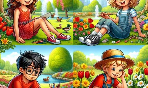 Cuatro amigos, dos chicas y dos chicos, están reunidos en un parque en plena floración en primavera. Ana, una niña de 10 años con cabello castaño y gafas, está sentada en el césped, sosteniendo un lápiz y un cuaderno de dibujo, sonriendo con entusiasmo. Al lado de ella, Sofía, una niña de 10 años con cabello rubio y rizado, muestra orgullosamente su dibujo de flores coloridas. Un poco más lejos, Luis, un chico de 10 años con cabello negro y una camiseta roja, examina un mapa del tesoro, luciendo concentrado. Finalmente, Miguel, un chico de 10 años con cabello castaño y un sombrero de paja, está cavando en el suelo, buscando el tesoro escondido. El parque está lleno de flores de colores brillantes, con tulipanes rojos, narcisos amarillos y margaritas blancas. Los amigos están en plena búsqueda del tesoro, buscando pistas escondidas entre las flores y los árboles, con risas y gritos de alegría que resuenan en el aire primaveral.