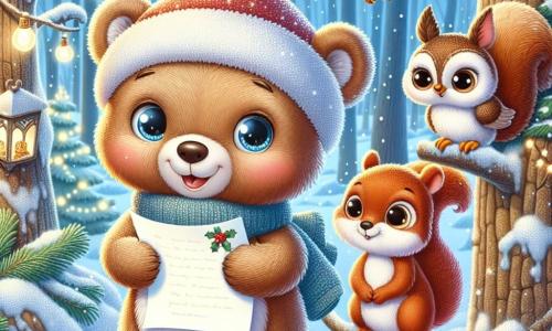Um adorável urso de pelúcia chamado Tico, com pelagem marrom macia e olhos brilhantes, está no centro da cena, sorrindo com espanto enquanto segura uma carta para o Papai Noel. À sua direita, um pequeno esquilo de grandes orelhas e pelagem ruiva, com uma expressão curiosa, sobe em um galho, olhando para Tico com entusiasmo. À esquerda, uma sábia coruja de penas brancas e olhos redondos, empoleirada em um galho, observa a cena com um ar amigável e encorajador. A cena acontece em uma floresta encantada, onde as árvores estão cobertas por uma espessa camada de neve cintilante, e guirlandas luminosas decoram os galhos, criando uma atmosfera mágica. Flocos de neve caem suavemente do céu azul claro, acrescentando à beleza da paisagem. Tico, o esquilo e a coruja se reúnem alegremente, prontos para partir em uma aventura para entregar a carta ao Papai Noel, cercados pela magia do Natal.