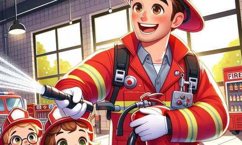 Il personaggio principale è un pompiere di nome Marco, un uomo sui trent'anni, con capelli castani e occhi brillanti di gioia. Indossa una uniforme rossa vivace, con un casco lucido in testa, e sorride ampiamente mentre mostra ai bambini come usare un estintore. Tra i personaggi secondari c'è Giulia, una bambina di 8 anni con capelli ricci e occhi verdi, che indossa un piccolo casco da pompiere troppo grande per lei e ride mentre cerca di mirare a un falso incendio con un estintore di plastica. Accanto a lei c'è Luca, un ragazzo timido di 9 anni, con occhiali e capelli castani, che osserva con ammirazione Marco, pronto a provare. La scena si svolge in un ampio garage dei pompieri, pieno di camion rossi scintillanti e attrezzature antincendio, con muri decorati da manifesti sulla sicurezza. La luce del sole filtra attraverso le finestre, illuminando l'entusiasmo dei bambini. La situazione principale mostra Marco mentre insegna ai bambini come spegnere un piccolo fuoco simulato, creando un'atmosfera gioiosa ed educativa.
