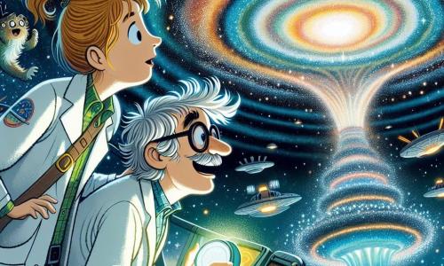 Der Hauptcharakter, ein Mann namens Professor Max, ist ein Wissenschaftler mit zerzausten Haaren und einer großen runden Brille. Er zeigt ein Staunen und Neugier in seinen leuchtenden Augen, während er die wunderschöne Anomalie am Himmel beobachtet. Er trägt einen weißen Laborkittel und hält ein kleines leuchtendes Gerät in der Hand. Neben ihm steht Lisa, eine etwa 30-jährige Ingenieurin mit braunen, zu einem Pferdeschwanz gebundenen Haaren und einem Schutzhelm auf dem Kopf. Sie konzentriert sich auf einen Kontrollbildschirm und passt die Einstellungen ihres Raumschiffs „Sternenblume“ an, das wie eine riesige Blume im Weltraum schwebt. Tom, ein fröhlicher Mann von etwa 28 Jahren, ist der Pilot des Raumschiffs. Er hat zerzauste blonde Haare und ein breites Lächeln im Gesicht. Er steht am Steuer und ist bereit, das Schiff durch die Sterne zu steuern. Der Schauplatz ist ein intergalaktischer Raum voller Farben, in dem funkelnde Sterne und mehrfarbige Nebel eine märchenhafte Kulisse bilden. Im Zentrum der Illustration befindet sich die geheimnisvolle Anomalie, ein Wirbel aus strahlenden Lichtern, der im Dunkel des Weltraums tanzt. Die Hauptsituation zeigt Professor Max und sein Team, die von der Schönheit der Anomalie begeistert sind, während das Raumschiff „Sternenblume“ majestätisch im Kosmos schwebt und bereit ist, die Geheimnisse des Universums zu erkunden.