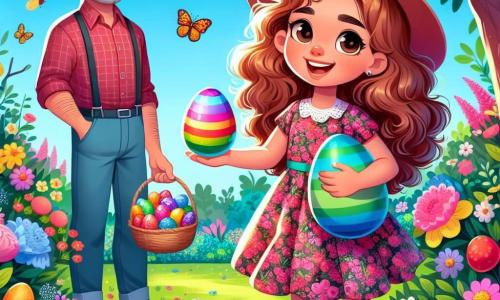 Ein 8-jähriges Mädchen, Frida, mit langen lockigen Haaren und einem strahlenden Lächeln, hält ein buntes, regenbogenfarbenes Ei in ihren Händen. Sie trägt ein blumiges Kleid und bunte Gummistiefel, und ihr Blick ist voller Aufregung und Neugier. Neben ihr steht ihr Vater, ein Mann in seinen Dreißigern mit einem leichten Bart und einem Strohhut, der stolz lächelt und einen Korb voller Schokoladeneier hält. Er steht etwas im Hintergrund und beobachtet Frida wohlwollend. Im Hintergrund sieht man einen grünen Garten, der mit leuchtenden Blumen und blühenden Obstbäumen geschmückt ist, unter einem klaren, sonnigen Himmel. Der Garten ist voller fröhlicher Details wie singenden Vögeln und Schmetterlingen, die um die Blumen fliegen. Die Hauptsituation zeigt Frida, die ein geheimnisvolles, buntes Ei entdeckt, das zwischen den Blumen versteckt ist, während ihr Vater sie ermutigt, das Ostergeheimnis zu lösen.