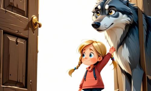Una bambina di 6 anni, Lucia, volto rotondo, trecce bionde e occhi azzurri luminosi, dall'espressione gentile ma preoccupata, chiude dolcemente la maniglia di una porta di legno; la madre di circa 30 anni, capelli castani raccolti, sorriso dolce e sguardo protettivo, le posa una mano sulla spalla. Davanti alla casa si ferma un grande lupo grigio dal manto folto grigio e bianco e occhi gialli, postura pesante e lievemente minacciosa, con la testa inclinata verso Lucia. La scena mostra una piccola casa di legno con persiane rosse su un sentiero di terra, foglie autunnali arancioni e brune che volano e una foresta scura sullo sfondo; Lucia chiude la porta per proteggere la casa, la calda luce interna contrasta con l'ombra fredda della foresta e del lupo all'esterno.